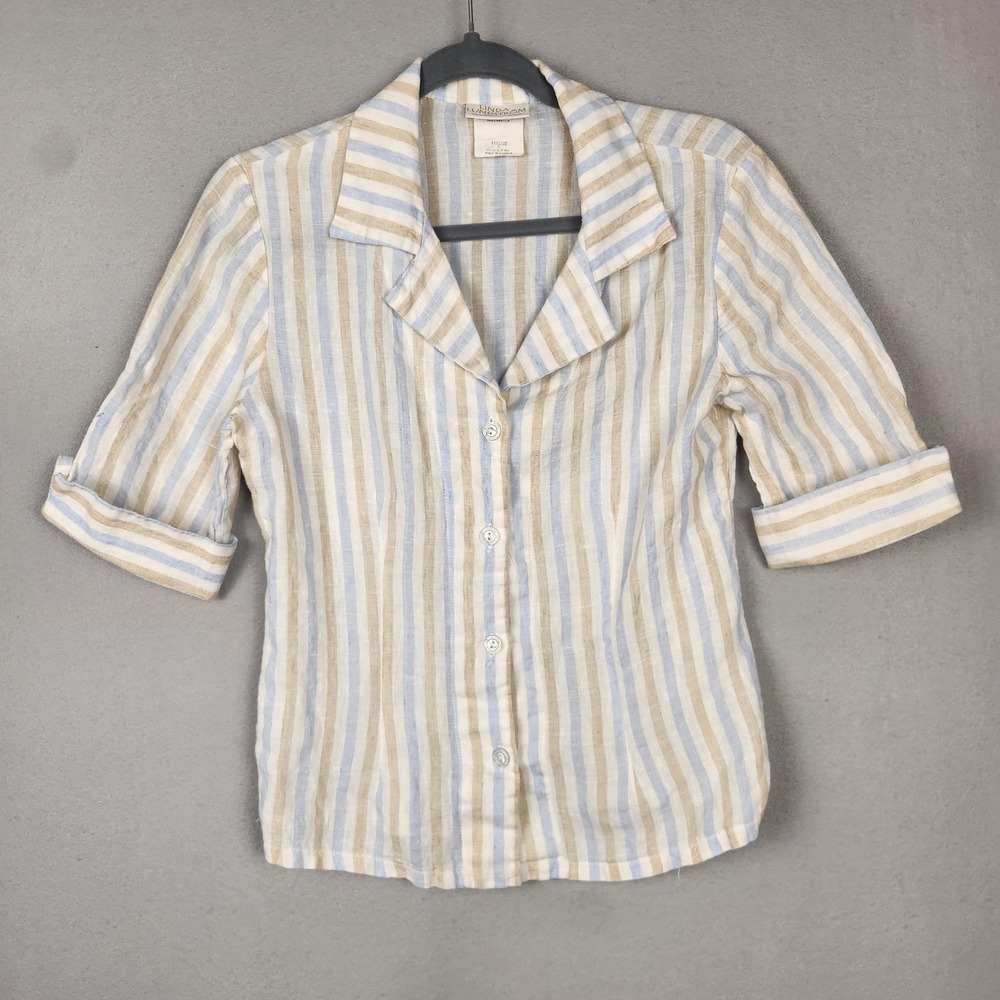 Linda Lundstrom Shirt Womens 6 Beige Blue Striped Linen Button‎ Up Made Canada